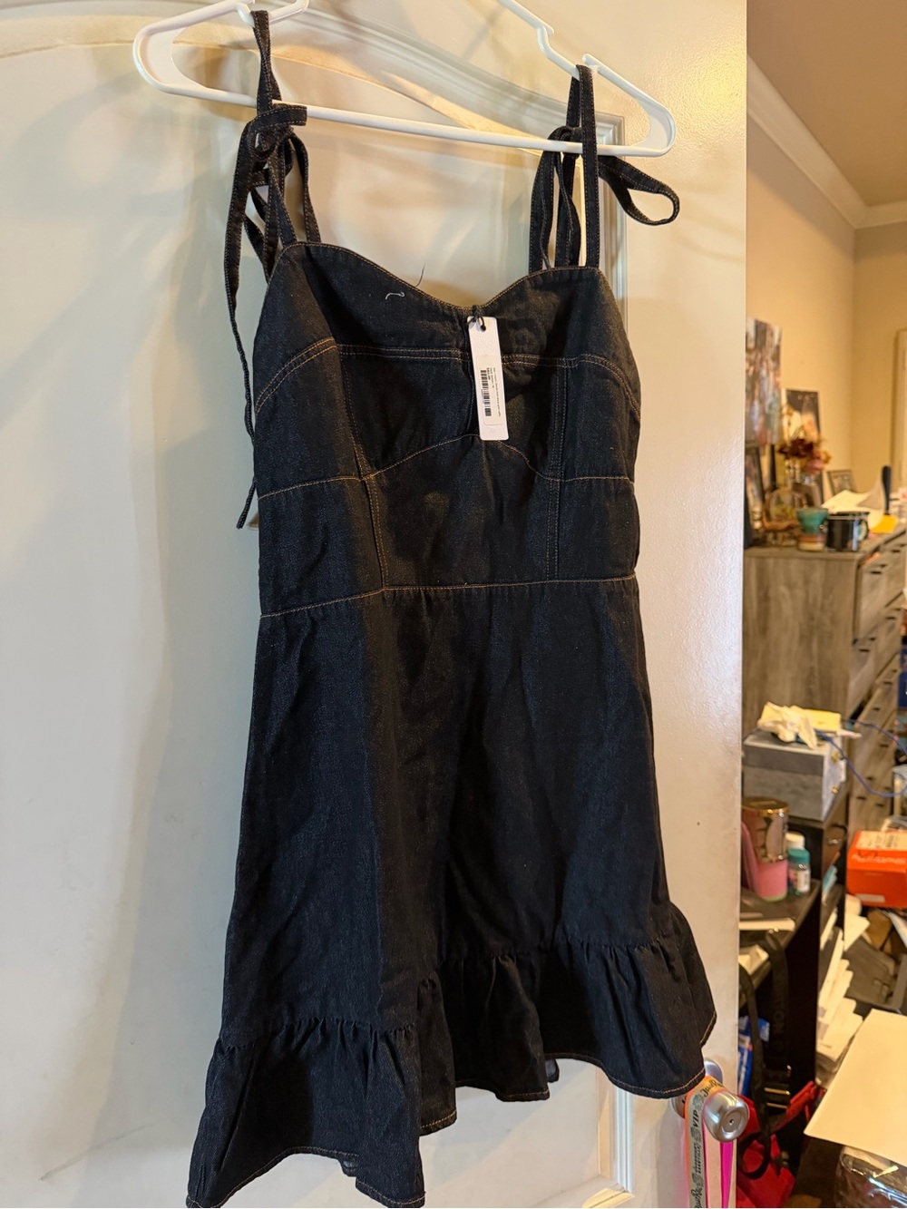 Black Tie-Shoulder Denim Sundress